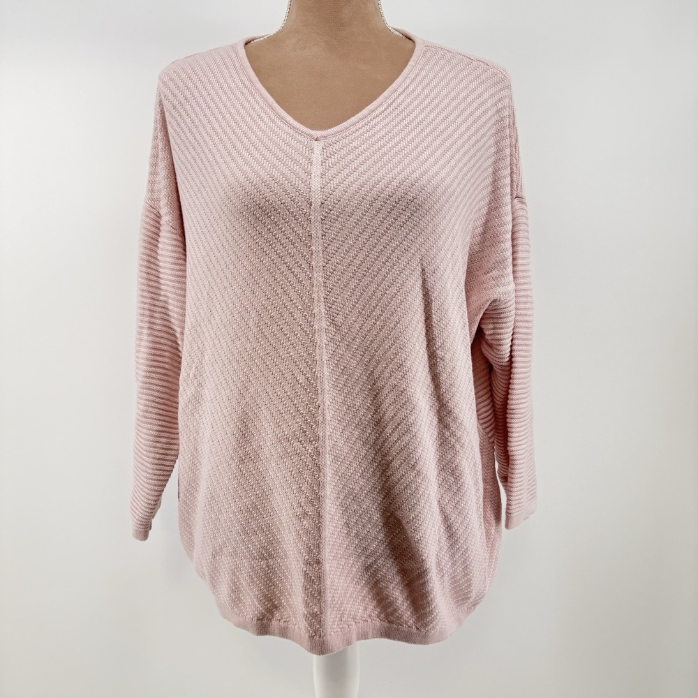 Chico's 3 Women's Pink Ribbed Knit V-Neck 3/4 Sleeve Pullover Sweater Feminine